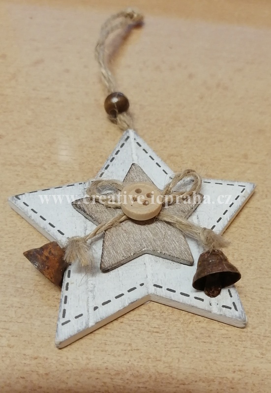 závěs-dřevo-hvězda/zvonky  bílá 8cm